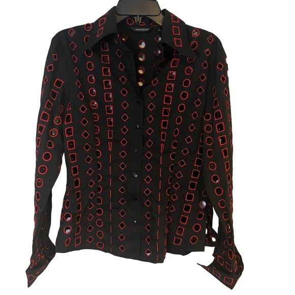 Samuel Dong Button Up Shirt Womens Small Black Red Geometric Cutout - Picture 1 of 11
